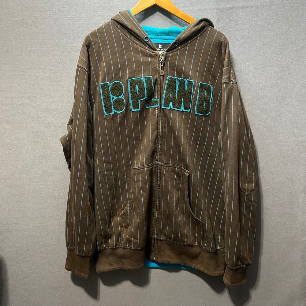 Plan B Skateboarding Mens Brown Pinstripe Zip Up Hoodie Teal Chenille Logo M